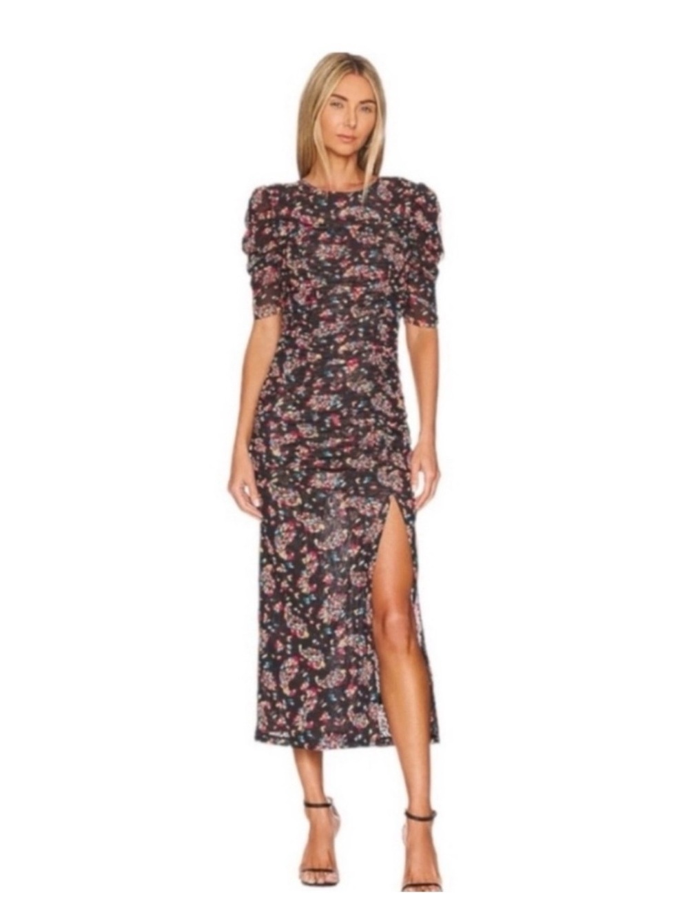 Free People Briella Ruched Mesh Maxi Dress Black Floral Puff Sleeve Size S